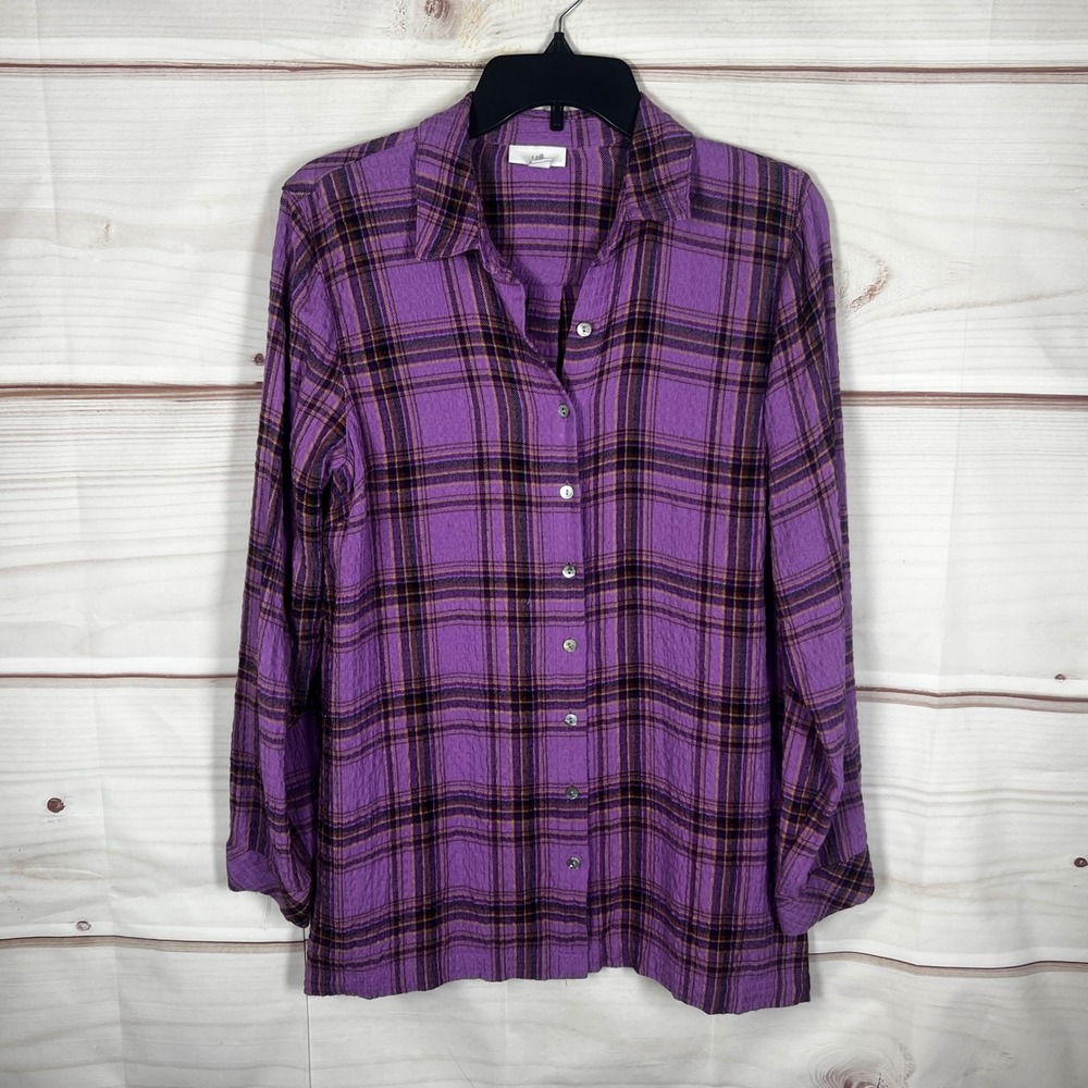 J.Jill Plaid Button Down Shirt Womens Size S Purple Plaid Long Sleeve Tunic Top
